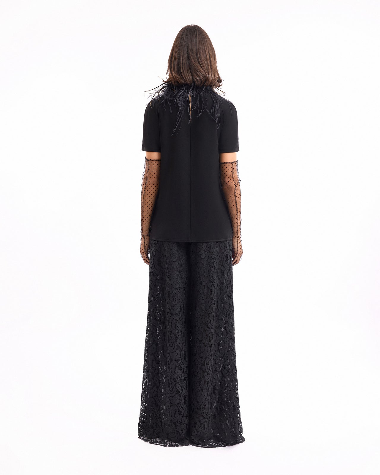 High-Neck Feather Top with Trousers