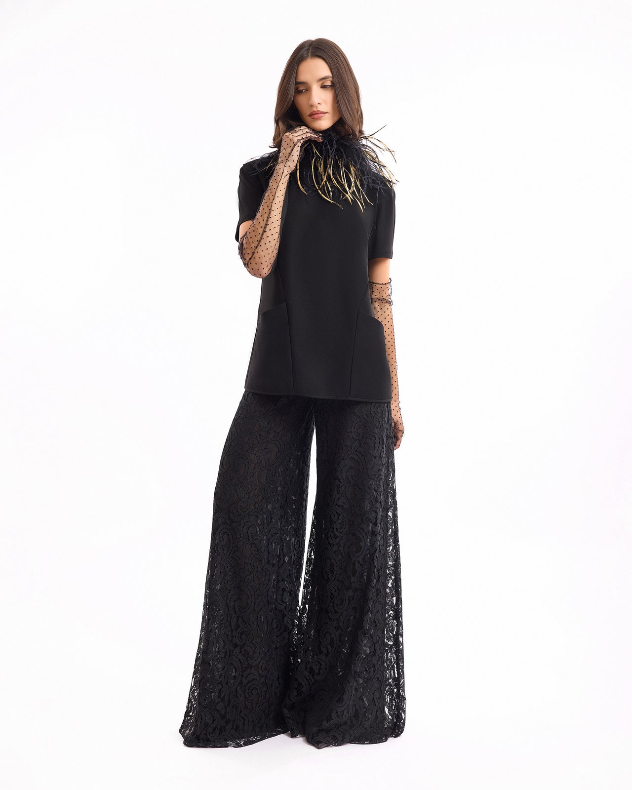 High-Neck Feather Top with Trousers