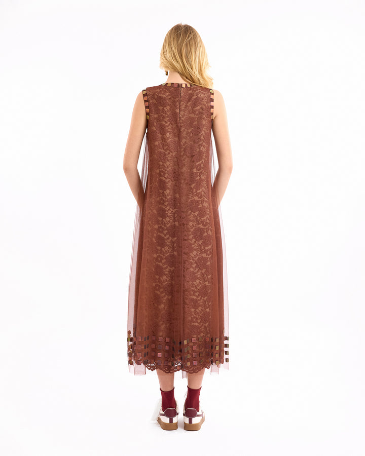 Lace Midi Dress with Tulle Overlay