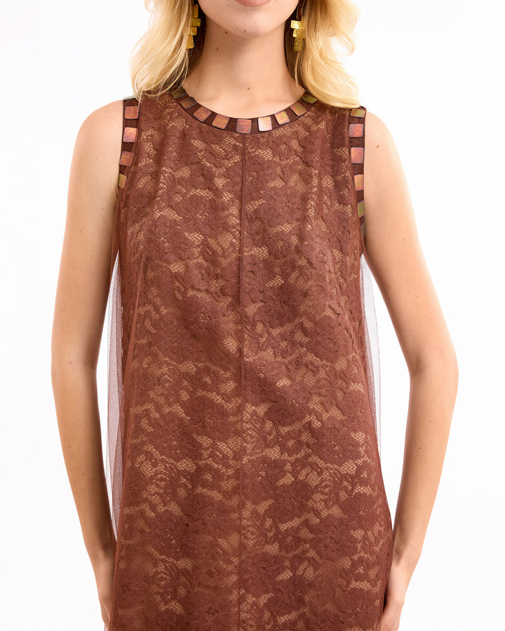 Lace Midi Dress with Tulle Overlay