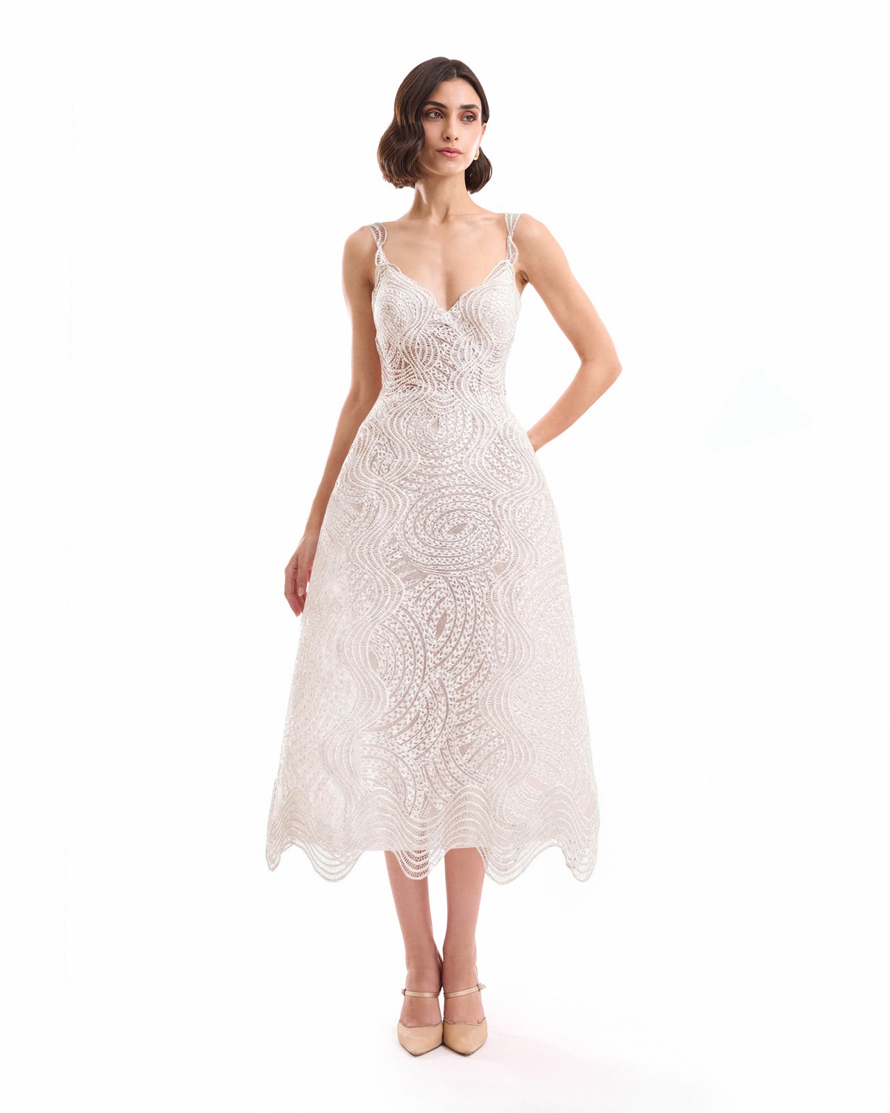Embroidered Cage Midi Dress
