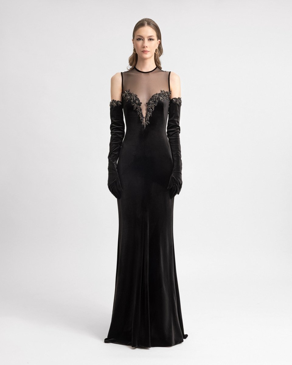 Beaded Velvet Dress with Gloves - Gemy Maalouf