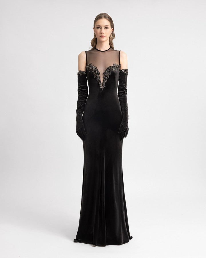 Beaded Velvet Dress with Gloves - Gemy Maalouf