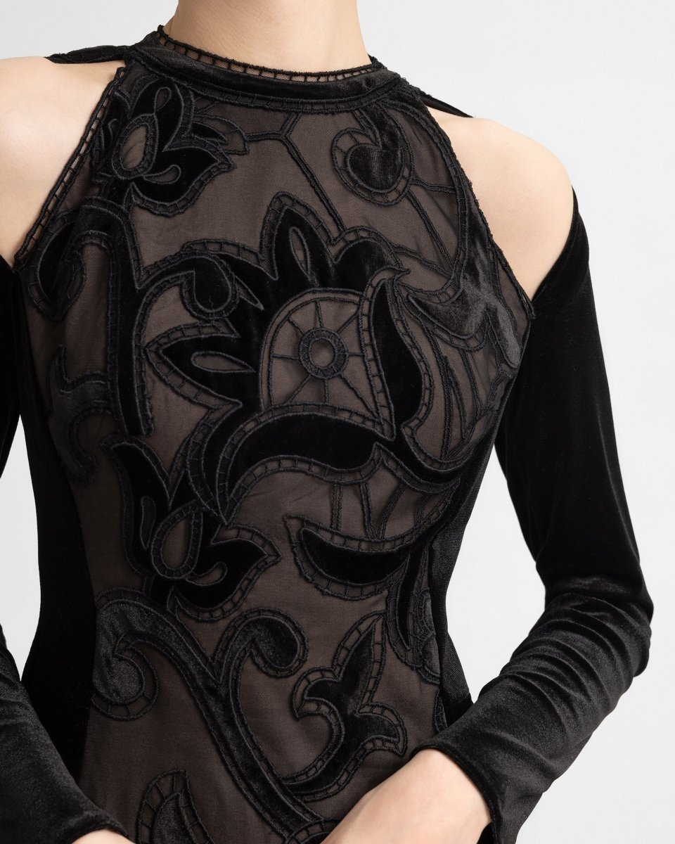 High - Neck Velvet Embroidered Dress - Gemy Maalouf