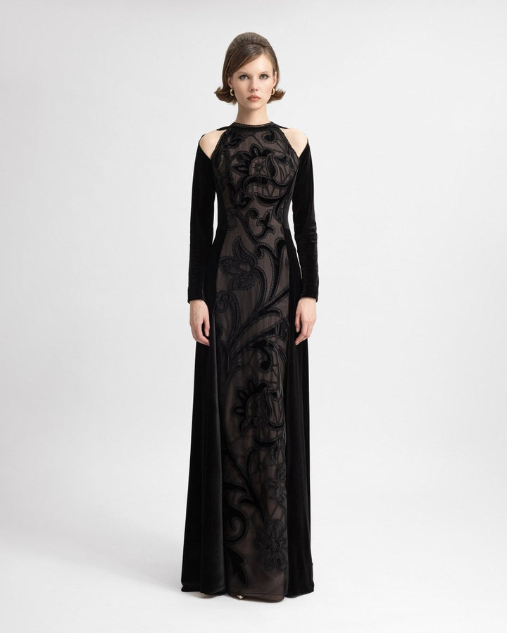 High - Neck Velvet Embroidered Dress - Gemy Maalouf