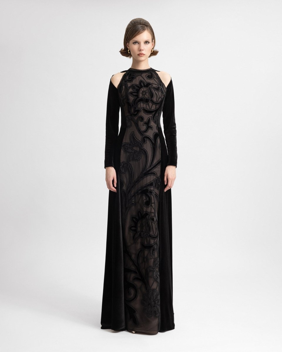 High - Neck Velvet Embroidered Dress - Gemy Maalouf