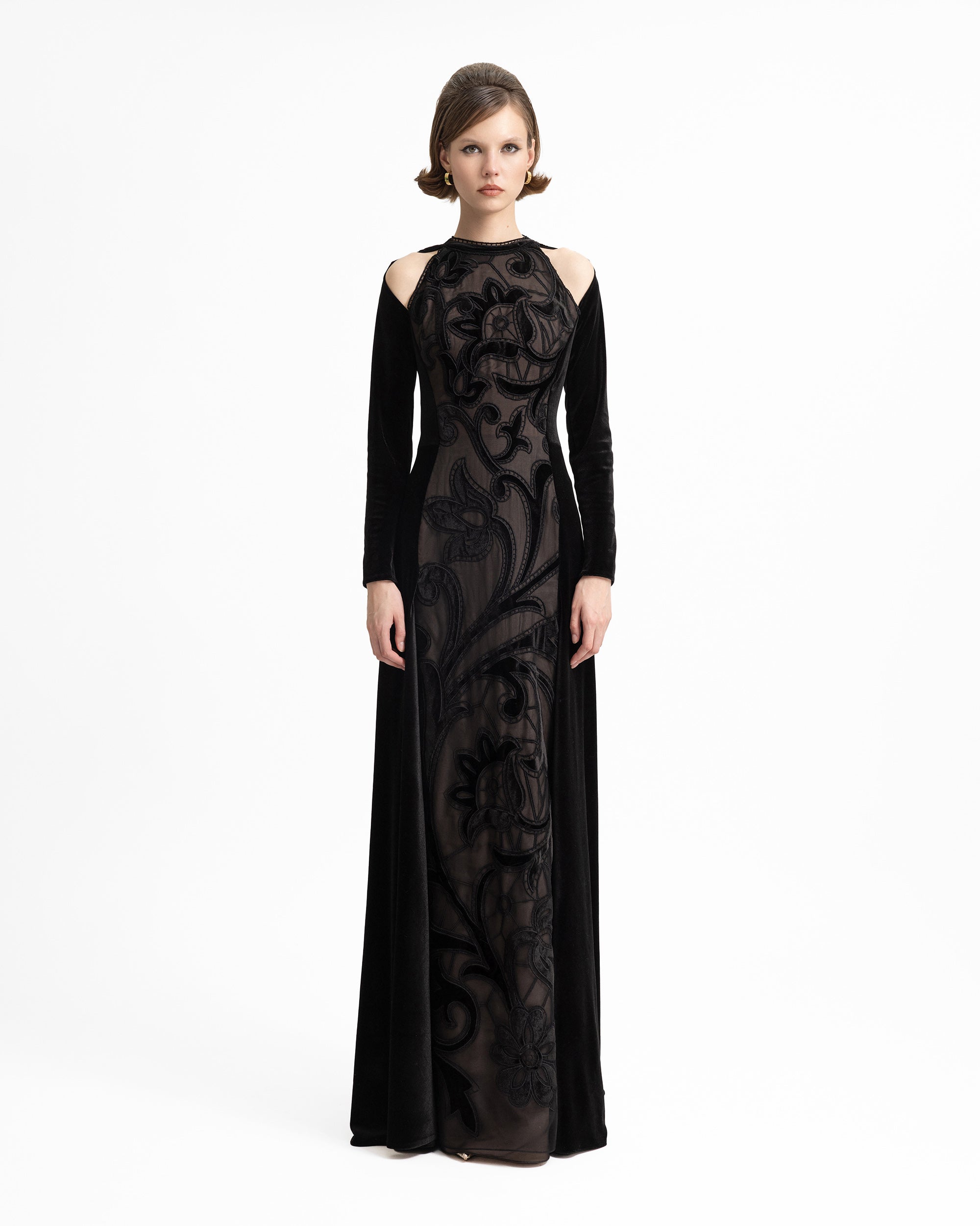 High-Neck Velvet Embroidered Dress