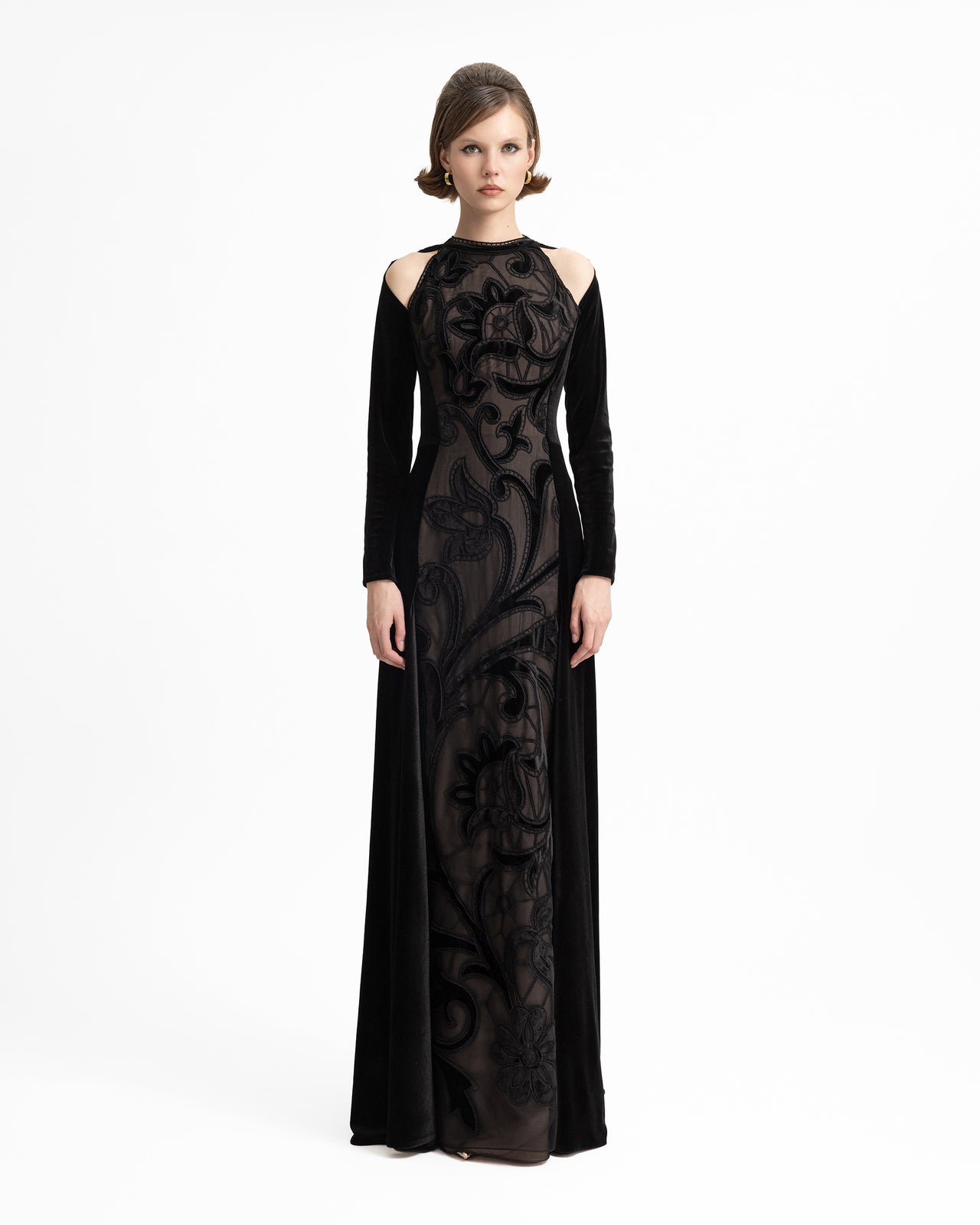 High-Neck Velvet Embroidered Dress