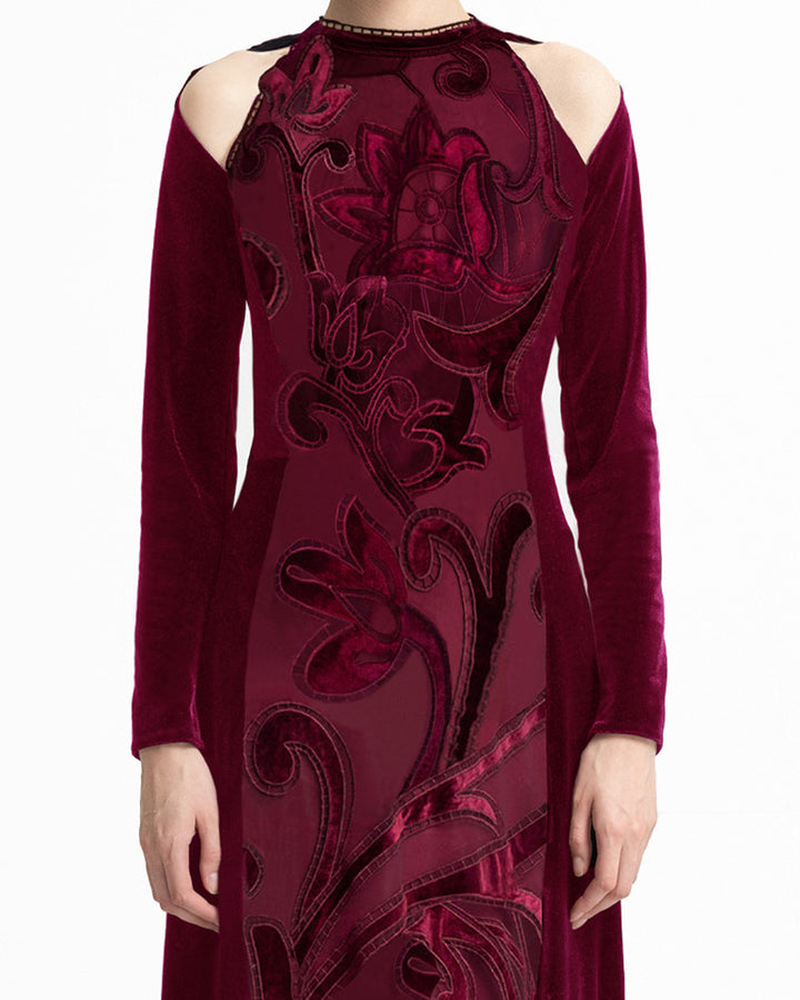 High-Neck Velvet Embroidered Dress