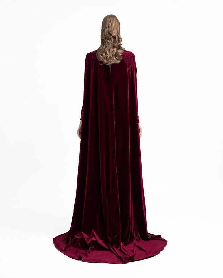 Velvet Embroidered Dress with Mesh Cape