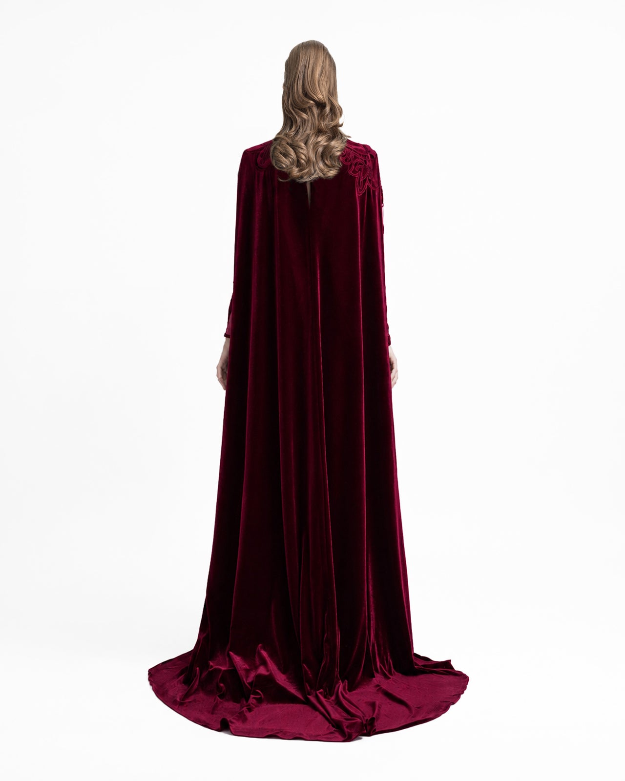 Velvet Embroidered Dress with Mesh Cape