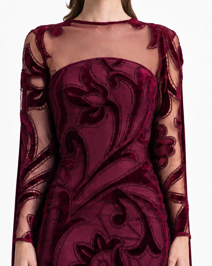 Velvet Embroidered Dress with Mesh Cape