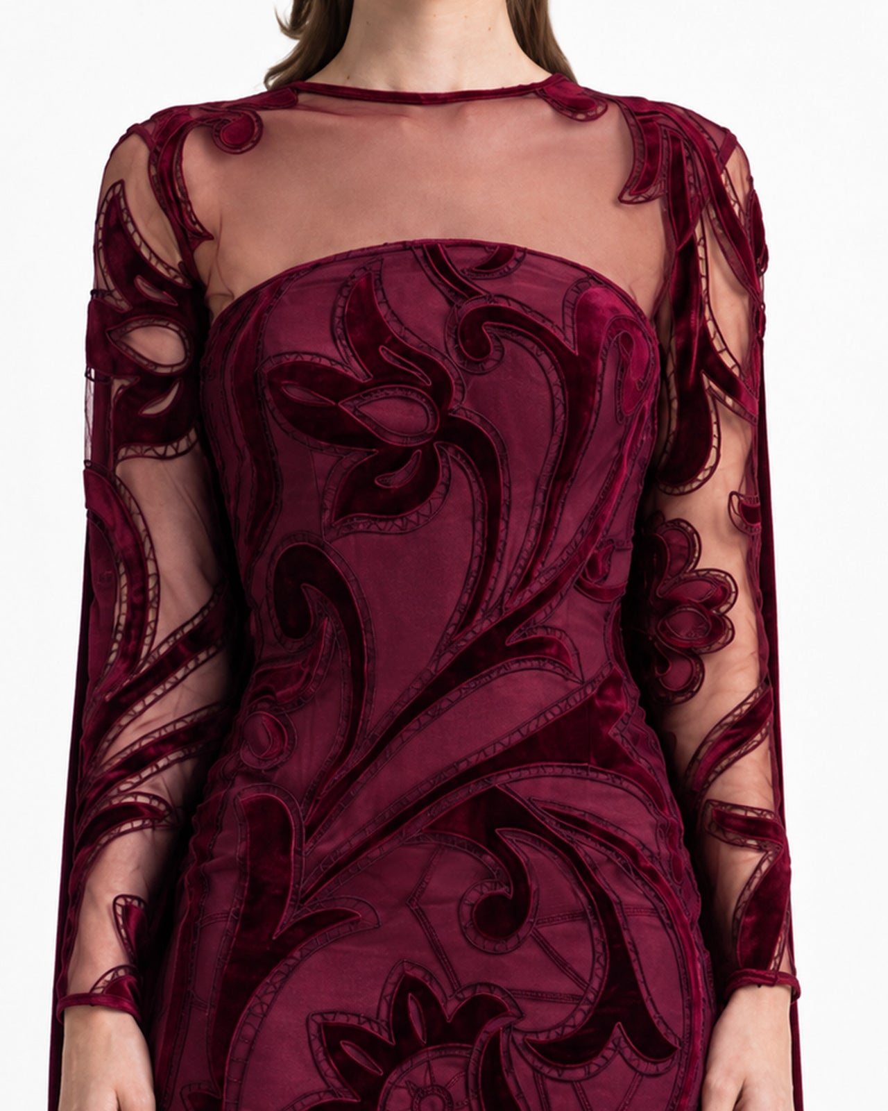 Velvet Embroidered Dress with Mesh Cape