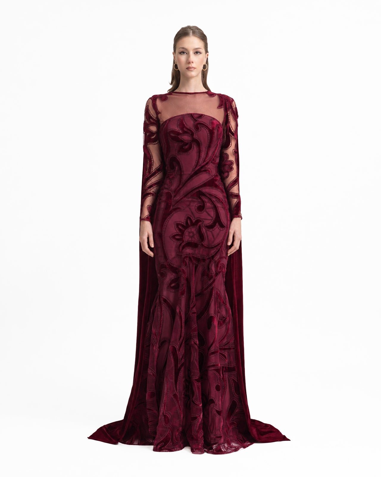 Velvet Embroidered Dress with Mesh Cape