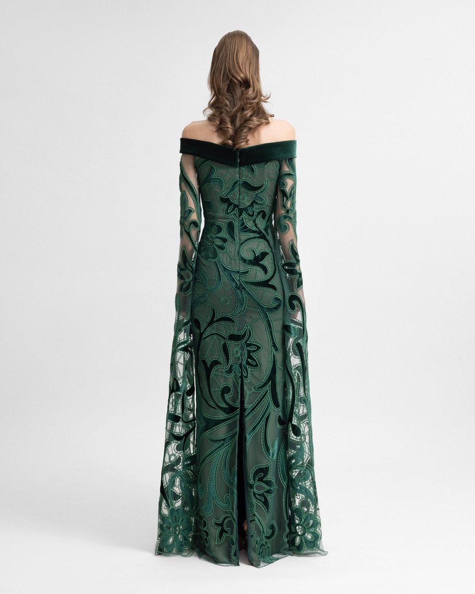 Off - Shoulder Slim Velvet Dress with Long Sleeves - Gemy Maalouf