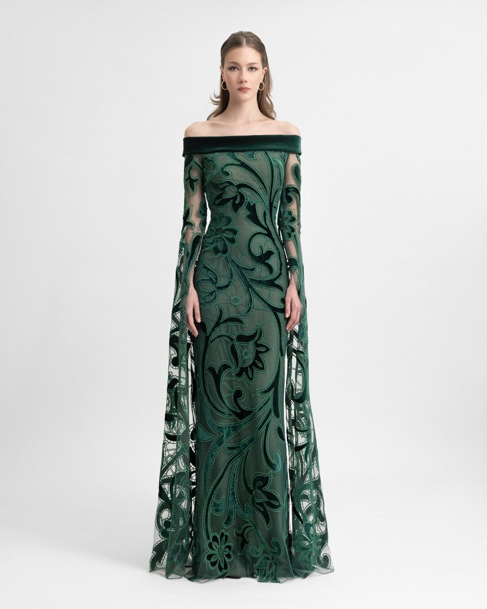 Off - Shoulder Slim Velvet Dress with Long Sleeves - Gemy Maalouf