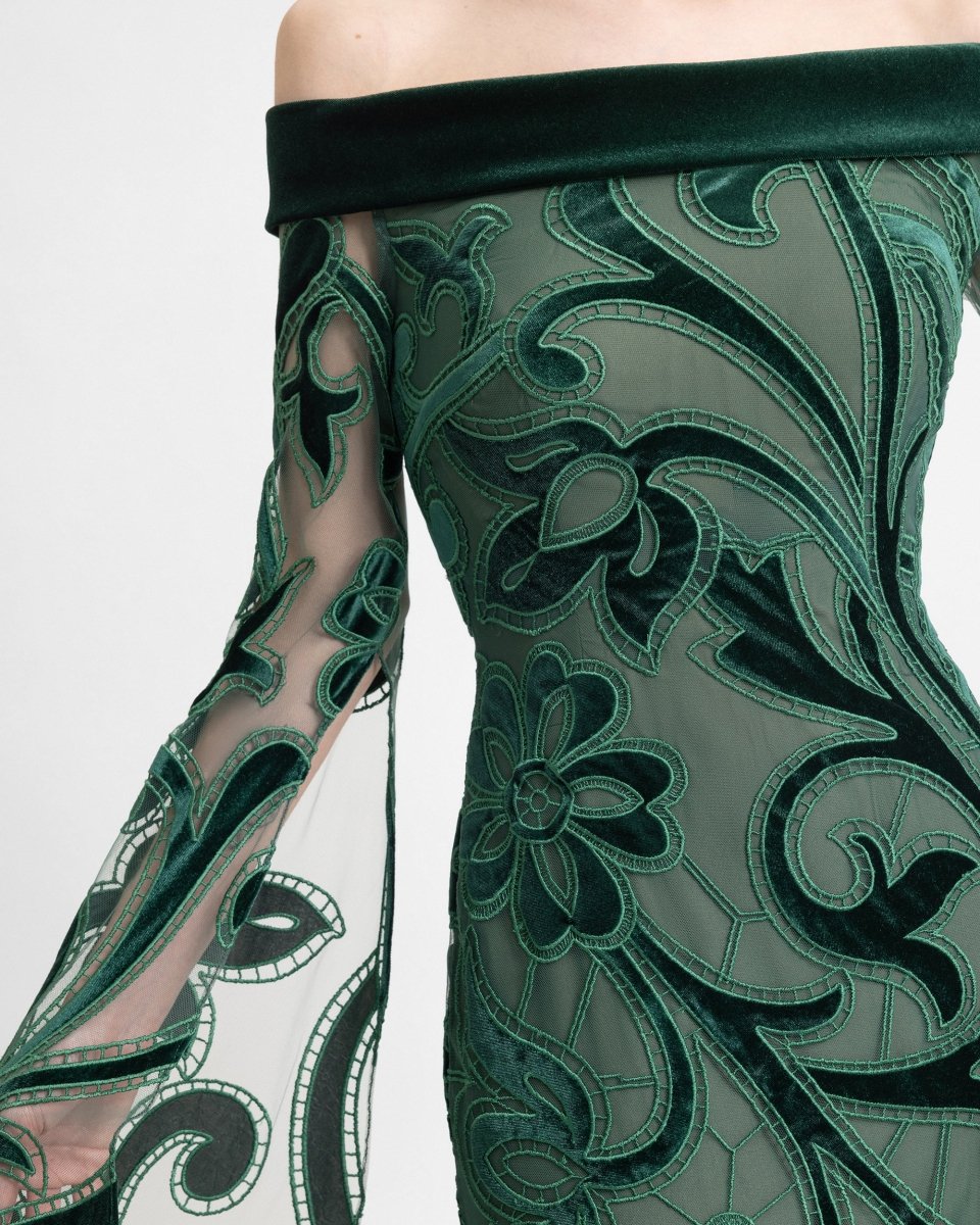 Off - Shoulder Slim Velvet Dress with Long Sleeves - Gemy Maalouf