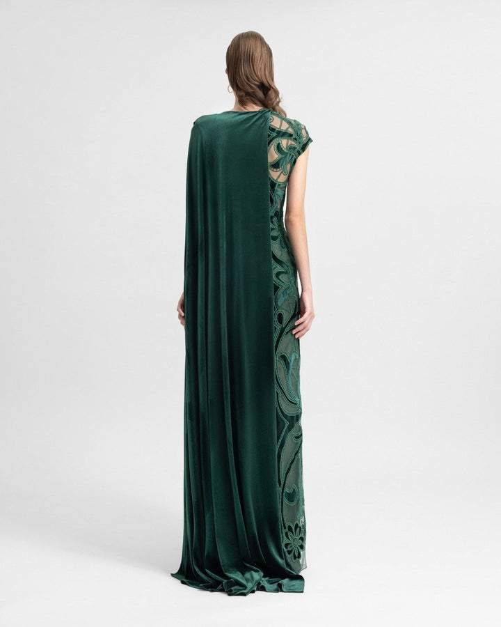 Asymmetrical Draped Embroidered Velvet Dress - Gemy Maalouf