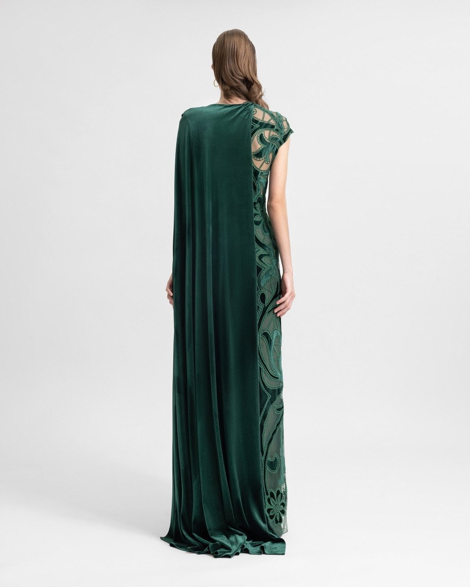 Asymmetrical Draped Embroidered Velvet Dress - Gemy Maalouf