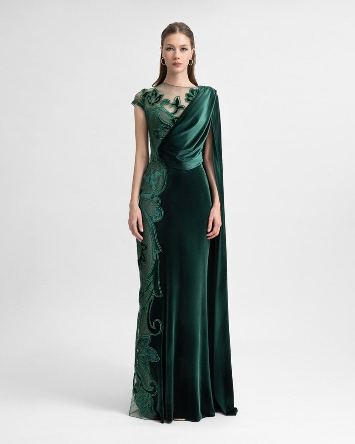 Asymmetrical Draped Embroidered Velvet Dress - Gemy Maalouf