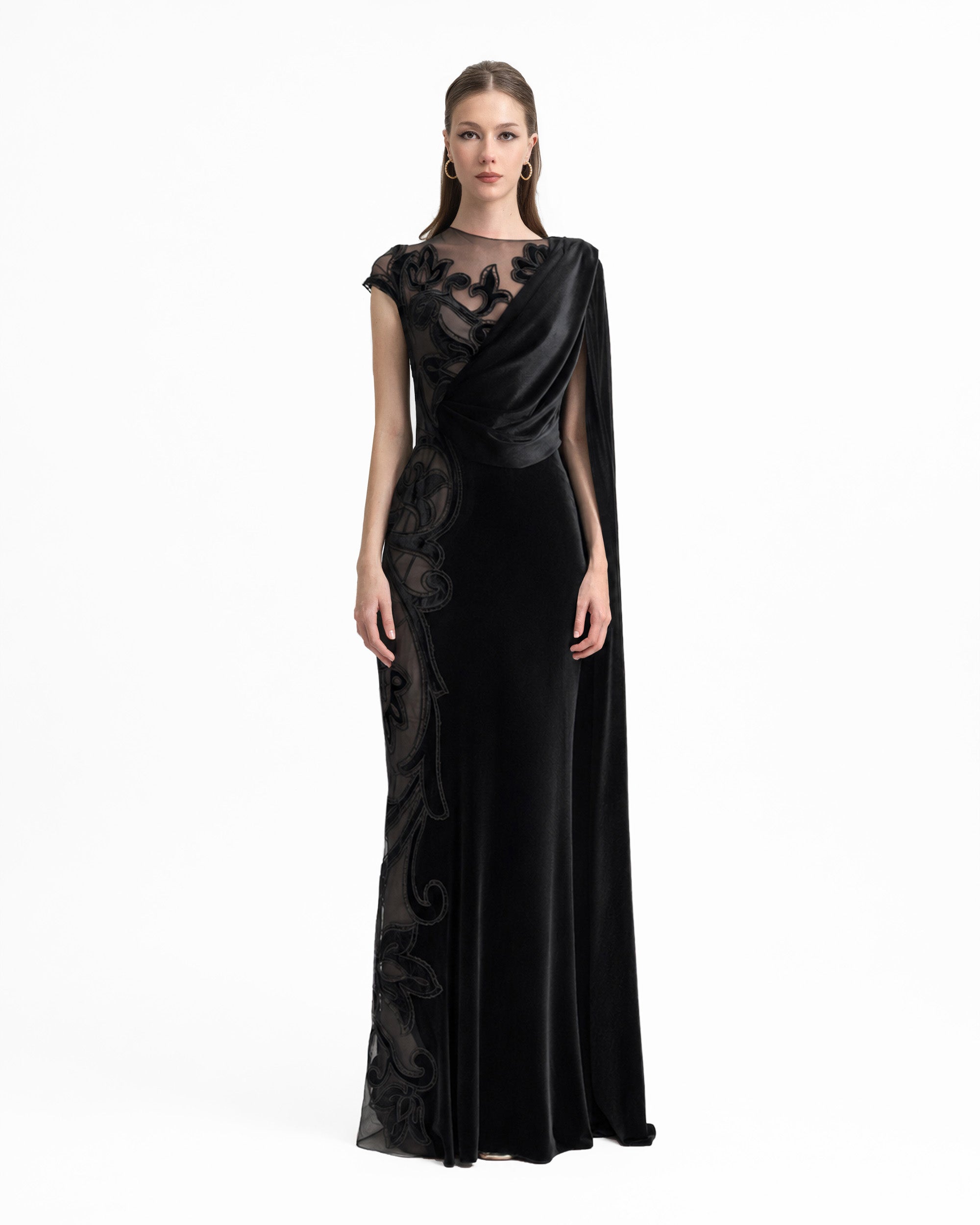 Asymmetrical Draped Embroidered Velvet Dress