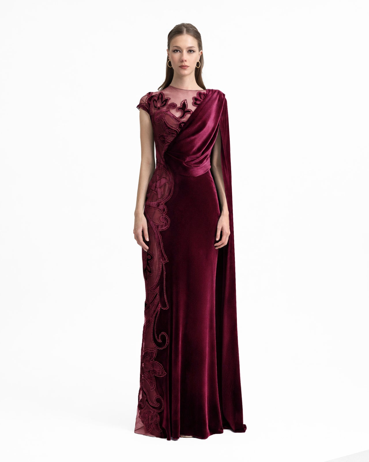 Asymmetrical Draped Embroidered Velvet Dress