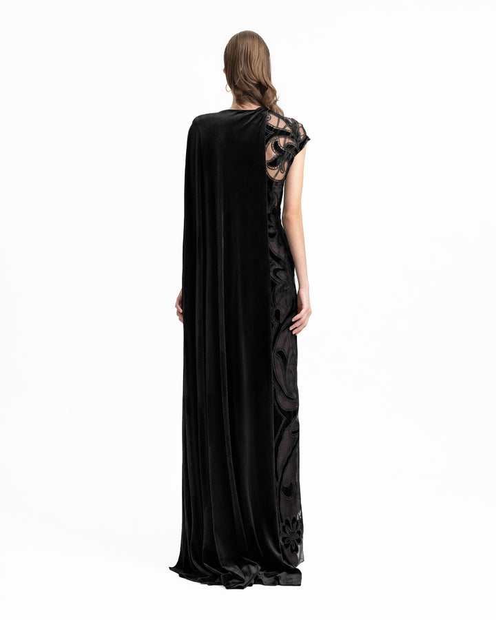 Asymmetrical Draped Embroidered Velvet Dress