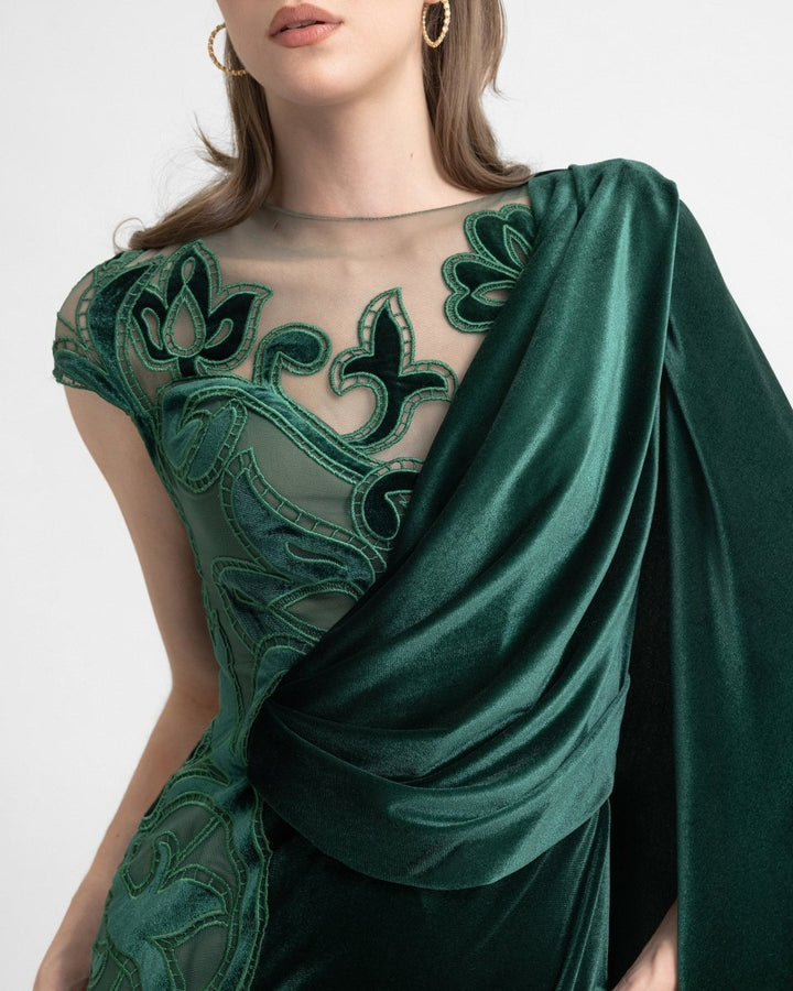 Asymmetrical Draped Embroidered Velvet Dress - Gemy Maalouf