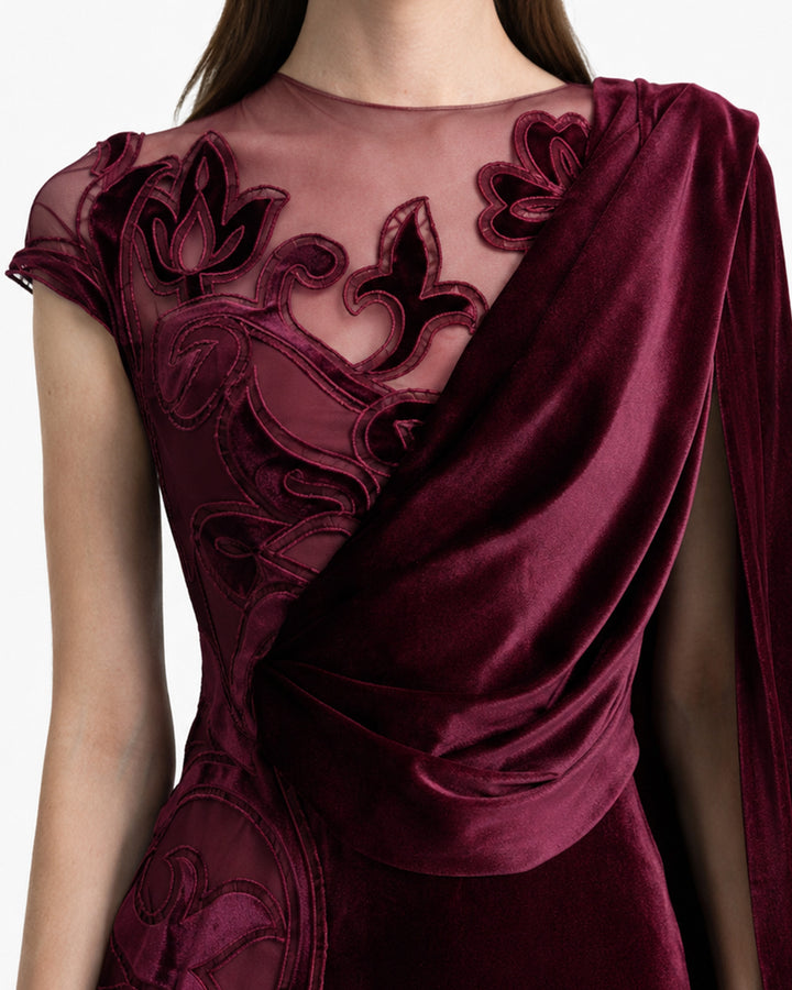 Asymmetrical Draped Embroidered Velvet Dress
