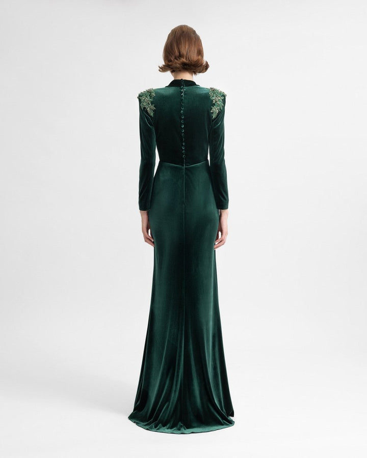 Slim Velvet Dress with Beaded Shoulders - Gemy Maalouf