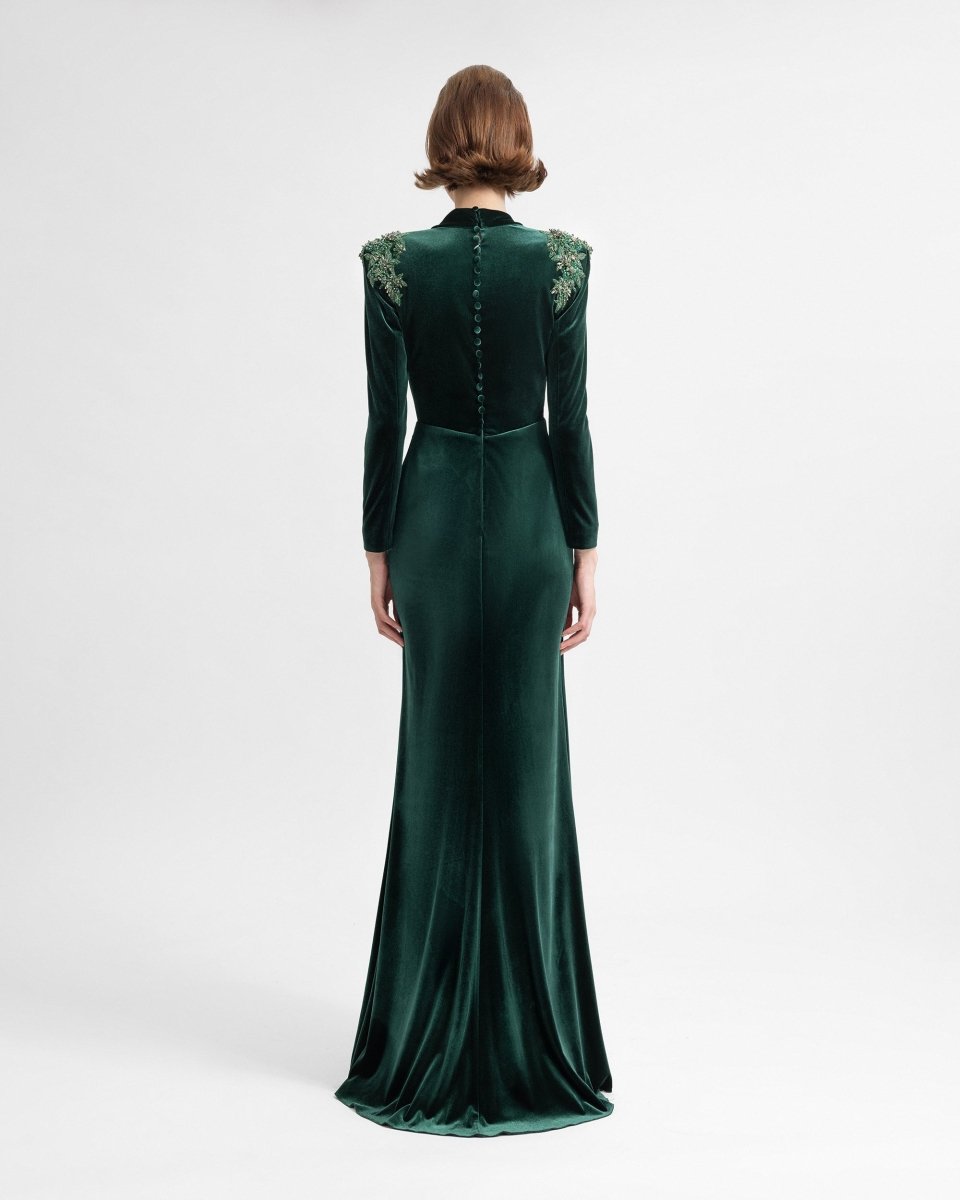 Slim Velvet Dress with Beaded Shoulders - Gemy Maalouf