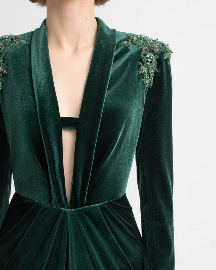 Slim Velvet Dress with Beaded Shoulders - Gemy Maalouf