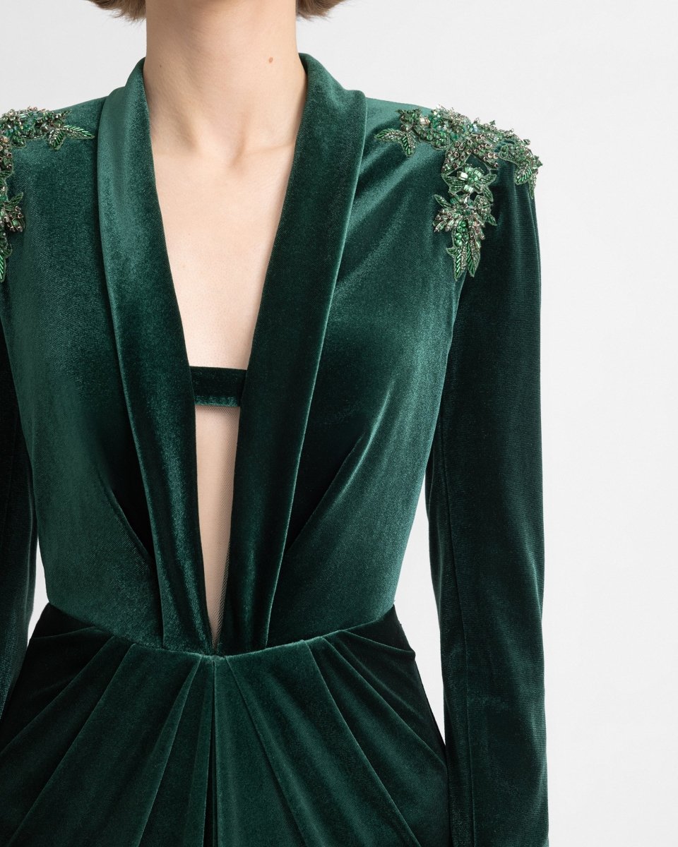 Slim Velvet Dress with Beaded Shoulders - Gemy Maalouf
