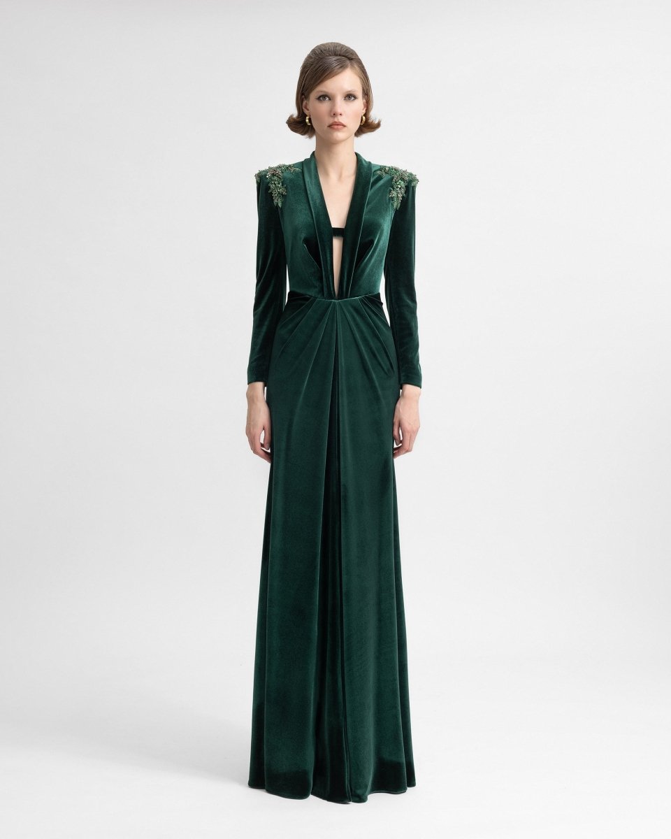 Slim Velvet Dress with Beaded Shoulders - Gemy Maalouf
