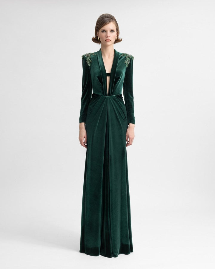 Slim Velvet Dress with Beaded Shoulders - Gemy Maalouf