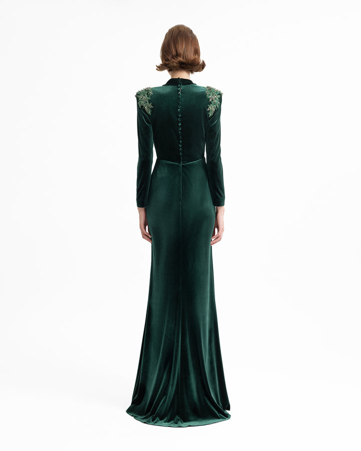 Slim Velvet Dress with Beaded Shoulders