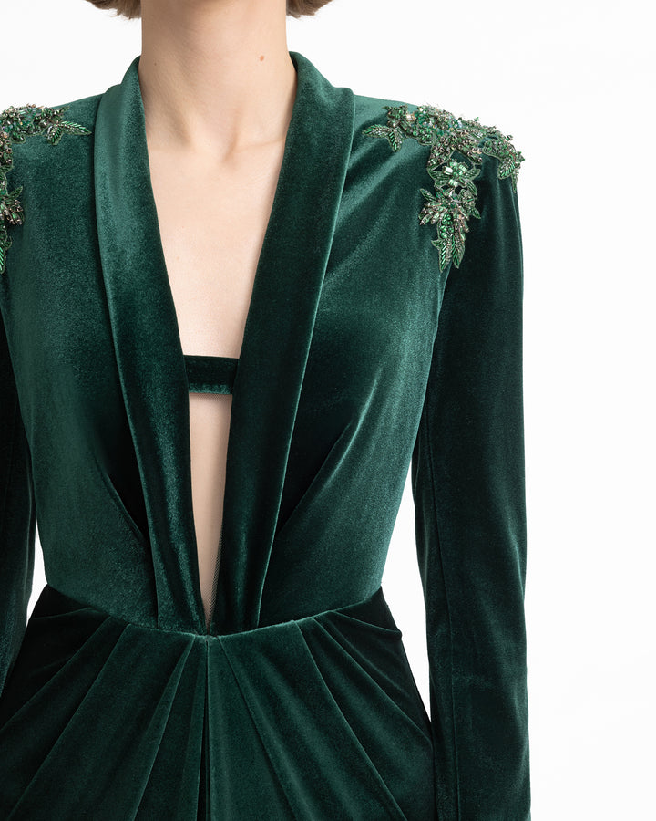 Slim Velvet Dress with Beaded Shoulders