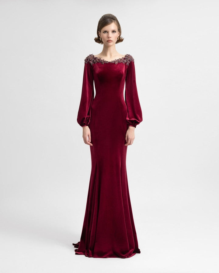 Velvet Dress with Puffed Sleeves - Gemy Maalouf