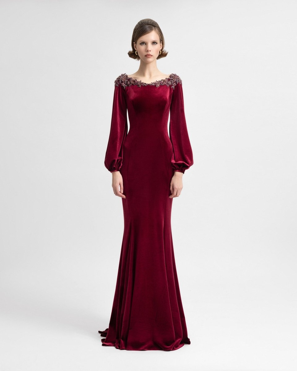 Velvet Dress with Puffed Sleeves - Gemy Maalouf