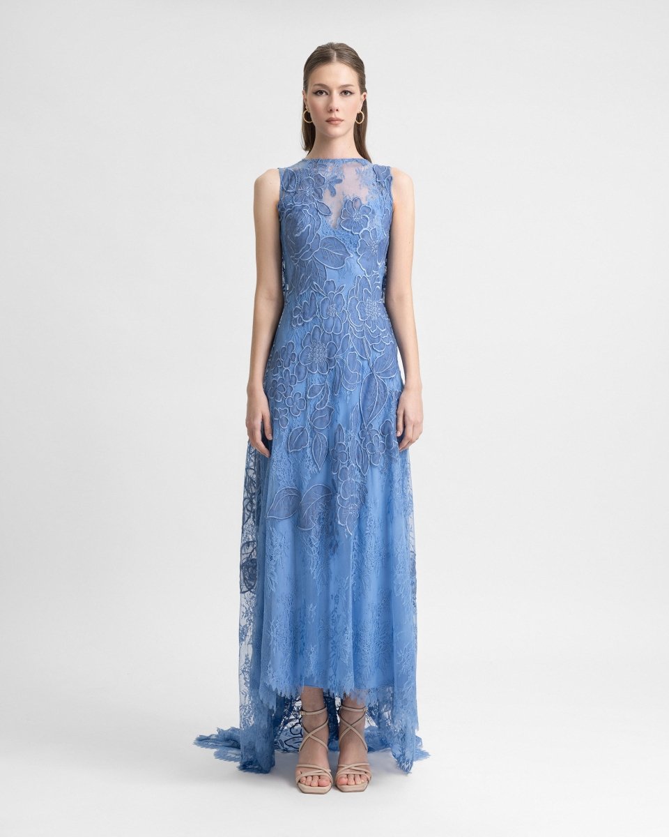 Embroidered Lace Dress with Cape - Gemy Maalouf