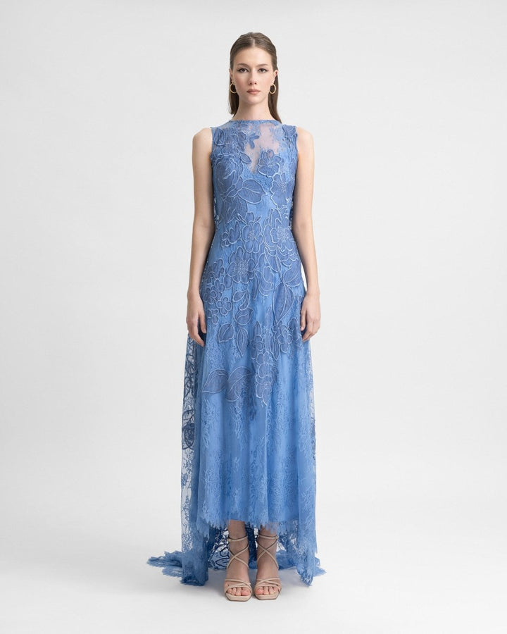 Embroidered Lace Dress with Cape - Gemy Maalouf