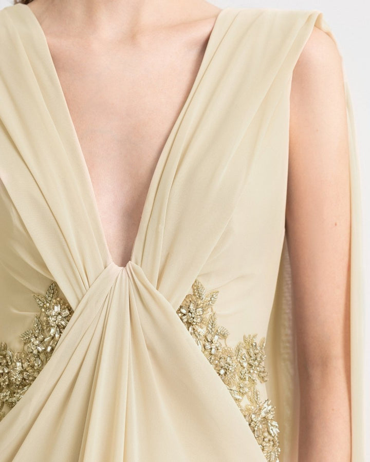 Draped V - Neck Beaded Dress - Gemy Maalouf