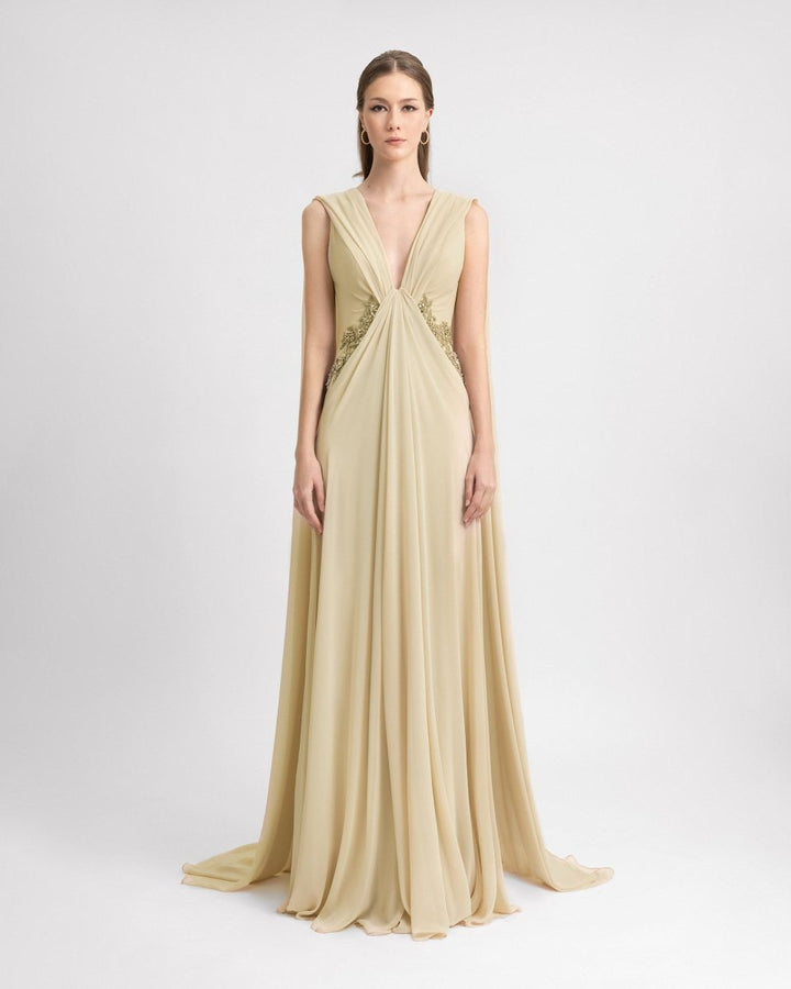 Draped V - Neck Beaded Dress - Gemy Maalouf