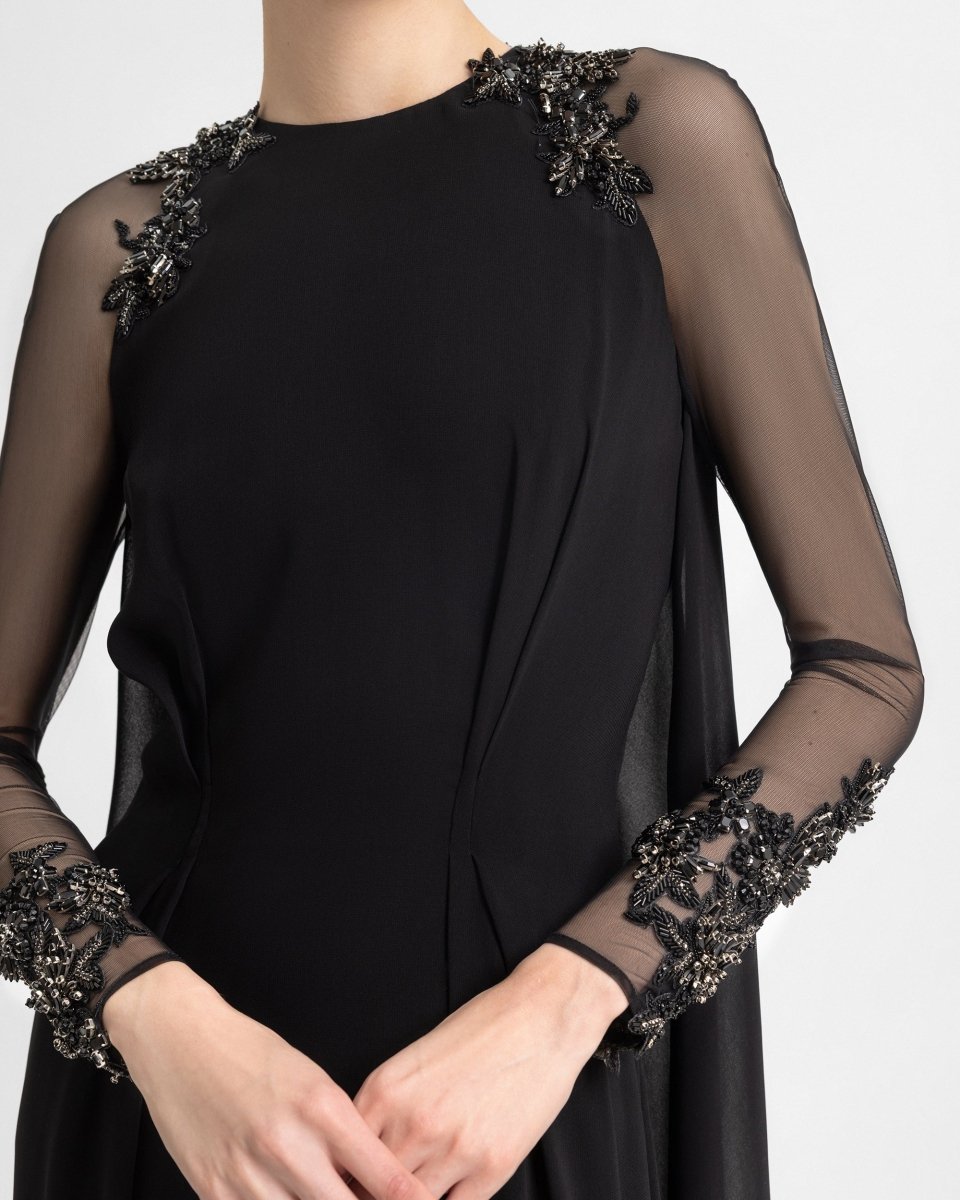Beaded Sleeve Dress with Back Cape - Gemy Maalouf