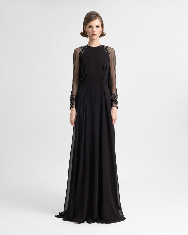Beaded Sleeve Dress with Back Cape - Gemy Maalouf