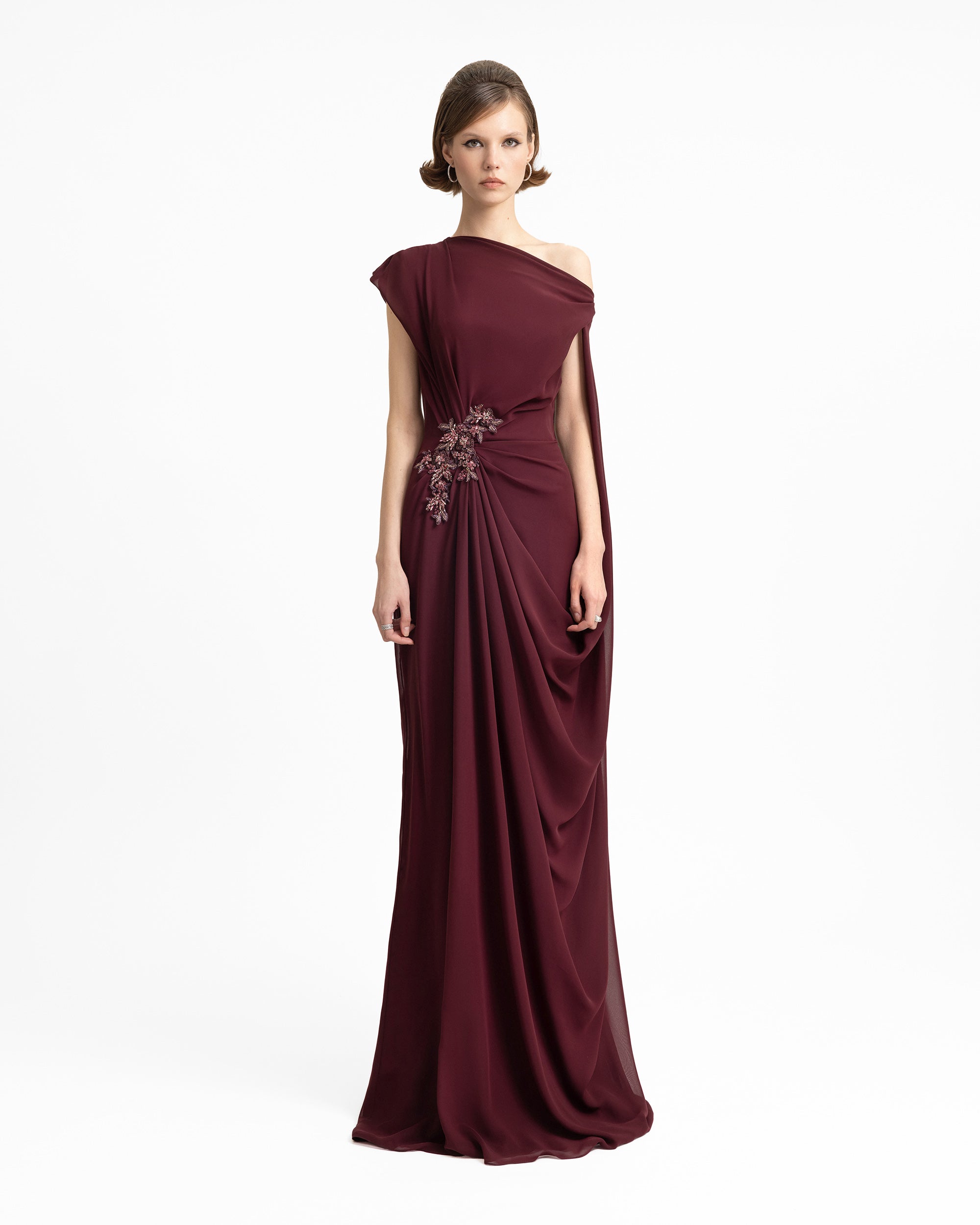 Gemy Maalouf | Evening Dresses | Green Draped Dress with Cape Sleeve Gemy Maalouf | Evening Dresses | Green Draped Dress with Cape Sleeve