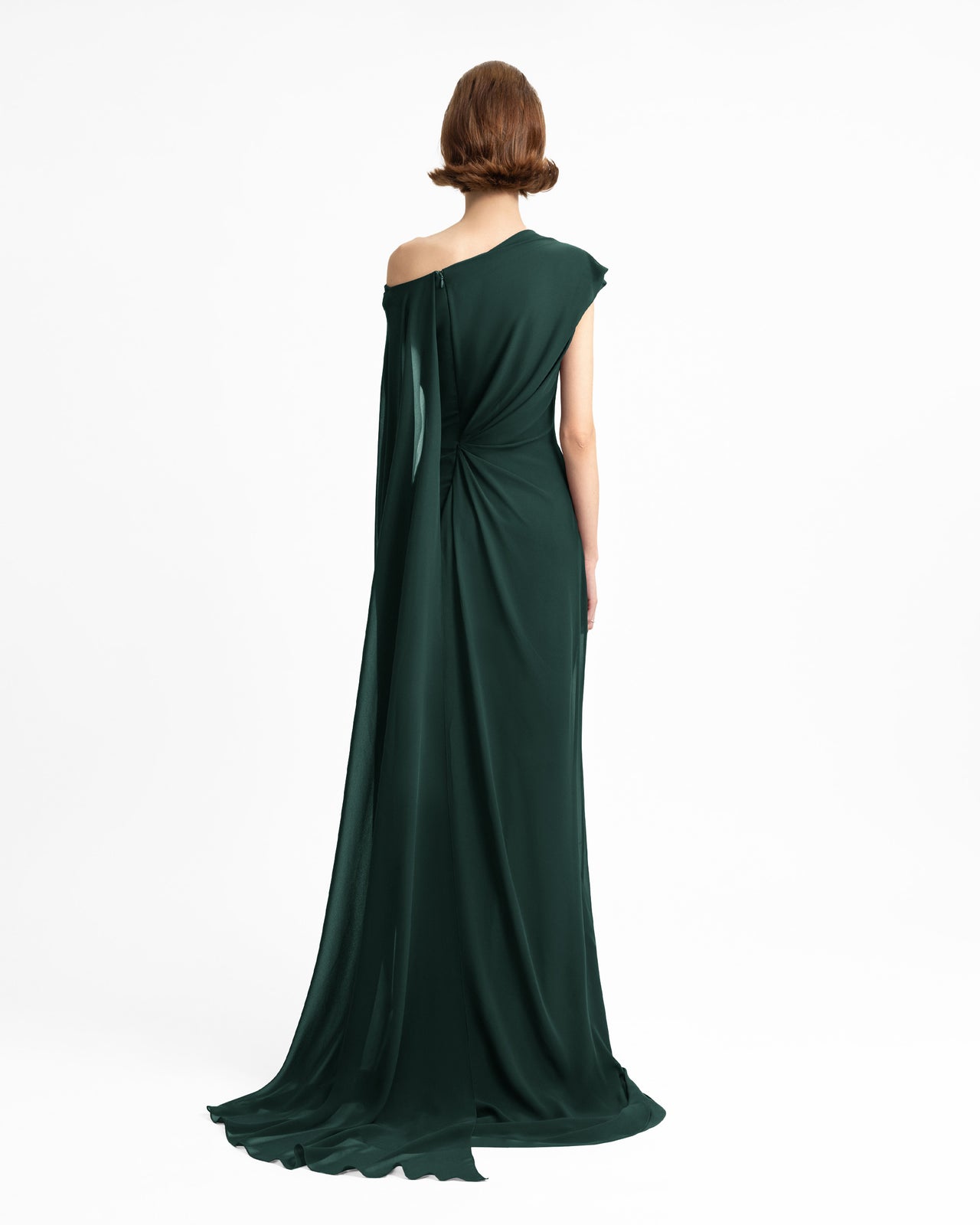 Gemy Maalouf - Gemy Maalouf | Evening Dresses | Green Draped Dress With Cape Sleeve - Gemy Maalouf - Gemy Maalouf | Evening Dresses | Green Draped Dress With Cape Sleeve -