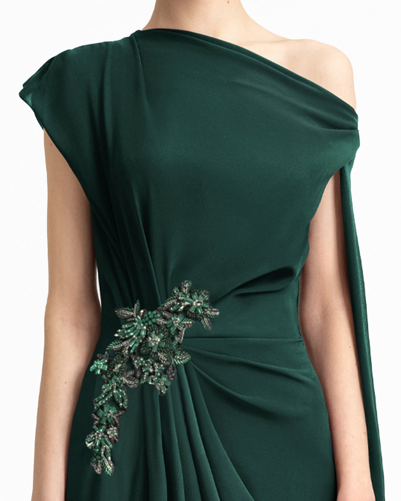Gemy Maalouf - Gemy Maalouf | Evening Dresses | Green Draped Dress with Cape Sleeve - Gemy Maalouf - Gemy Maalouf | Evening Dresses | Green Draped Dress with Cape Sleeve -