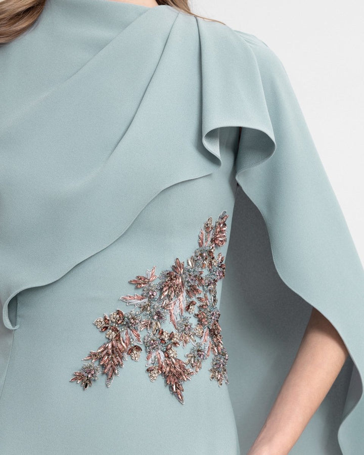 Draped Crepe Dress with Beaded Cape - Gemy Maalouf