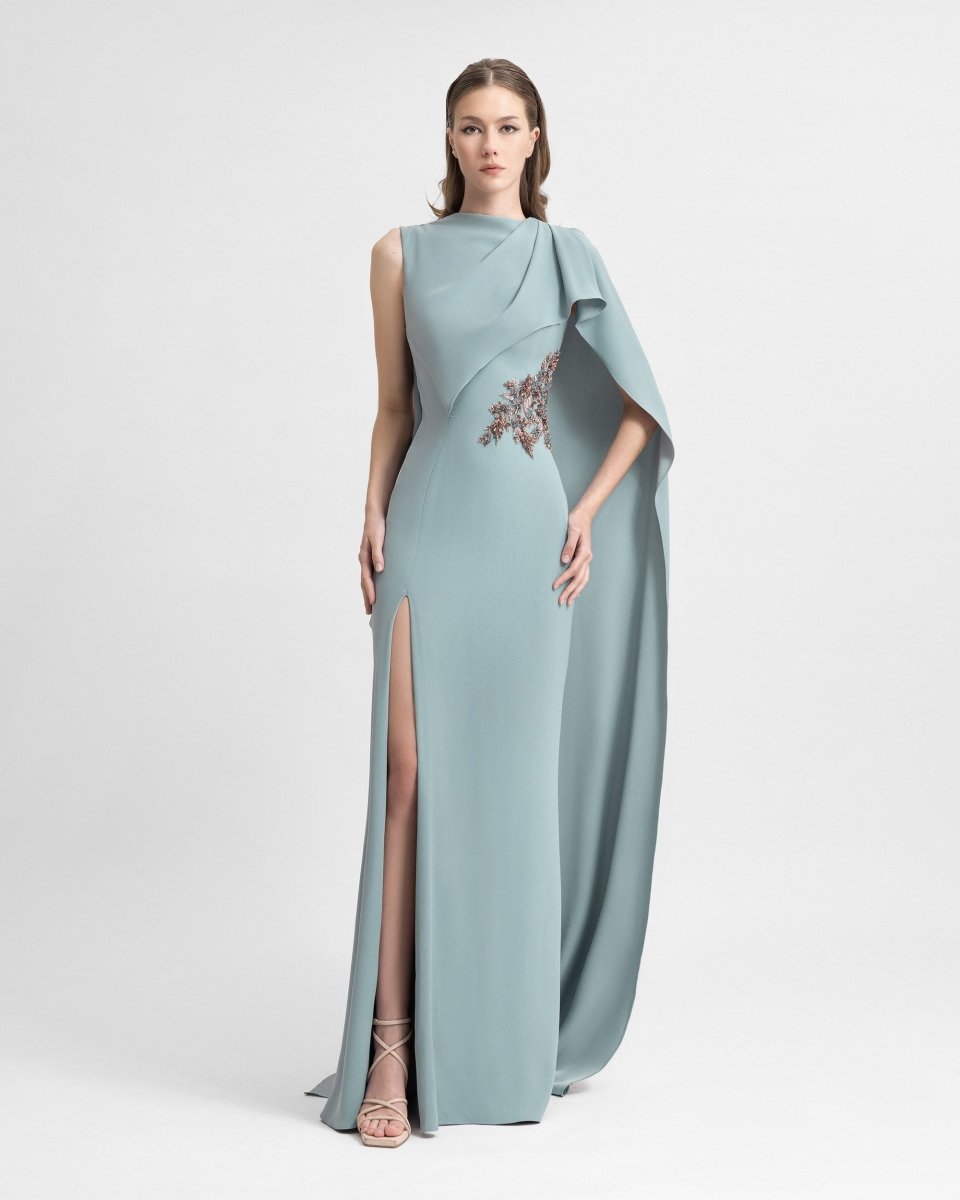 Draped Crepe Dress with Beaded Cape - Gemy Maalouf